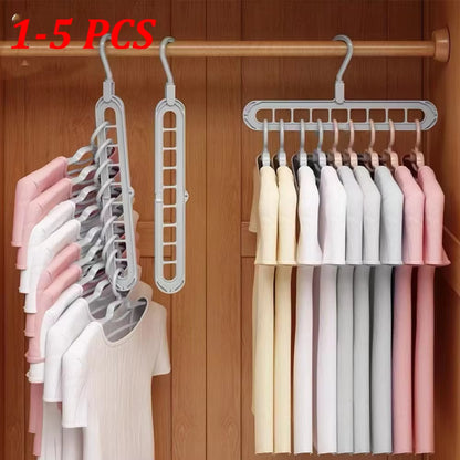 1-5 PCS 9-Hole Space Saving Hanger, Heavy Duty Plastic Clothes Organizer for Wardrobe & Closet, Multi-Functional Storage Rack